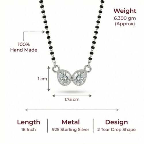 Silver double tear drop mangalsutra size details with handmade black beads