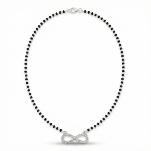 full length silver infinity mangalsutra with black beads 18 inch chain