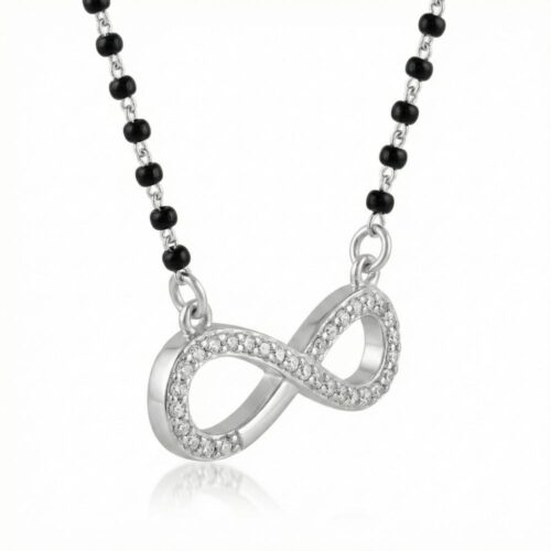 close up of 925 silver infinity mangalsutra pendant with stones