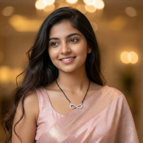 silver infinity mangalsutra with black beads worn by woman traditional look