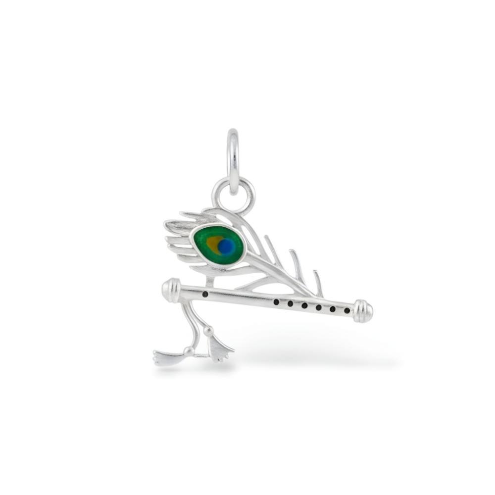 silver-krishna-peacock-pendant-with-flute-peacock-leaf Silver Krishna peacock pendant with flute and peacock leaf design in sterling silver