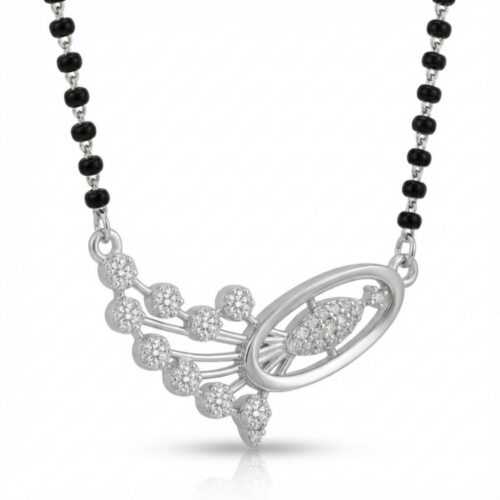 Close up view of Silver Leaf Curve Mangalsutra pendant with CZ stone detailing