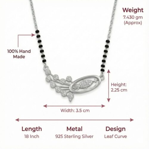 Designer Silver Mangalsutra leaf curve design with size and weight details