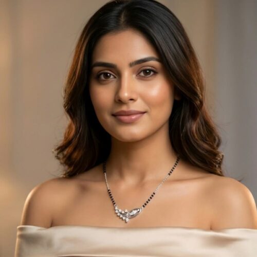 Silver Leaf Curve Mangalsutra worn by model – modern designer silver mangalsutra