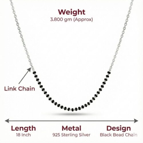 silver mangalsutra chain with minimal black beads in 925 sterling silver