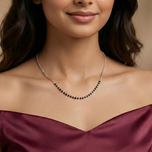 Silver Minimal Beads Mangalsutra Chain worn by model for daily wear styling