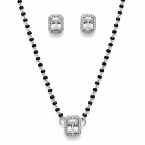 Silver oblong mangalsutra set with solitaire pendant and earrings