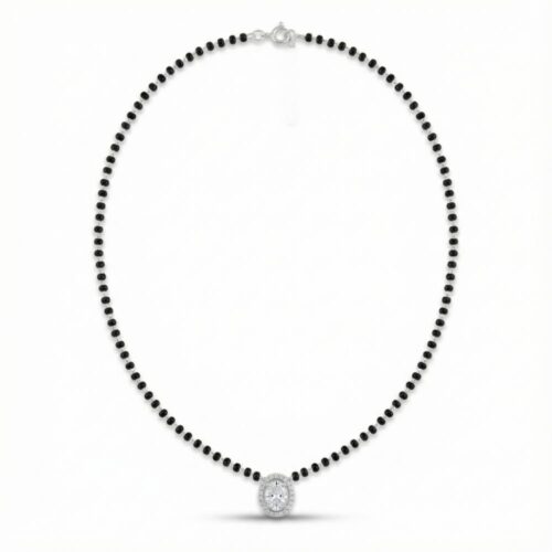 Silver oval mangalsutra with handmade black bead chain
