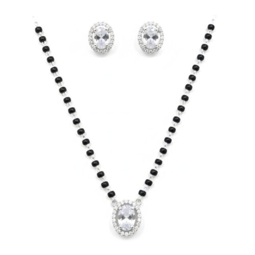 Silver oval mangalsutra set with solitaire pendant and earrings