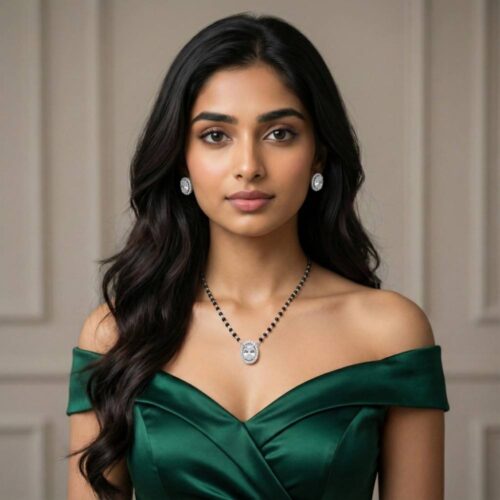 Silver oval mangalsutra worn by model showing elegant neck fit