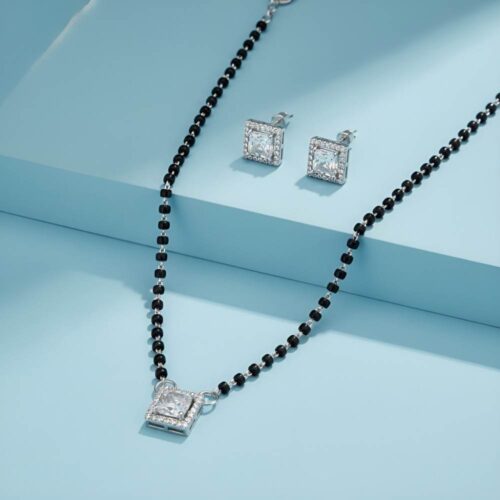 Premium studio shot of silver solitaire square mangalsutra set showcasing elegant design and craftsmanship