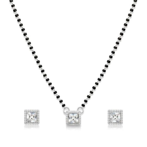 Silver solitaire square mangalsutra set with matching earrings – premium silver mangalsutra designs