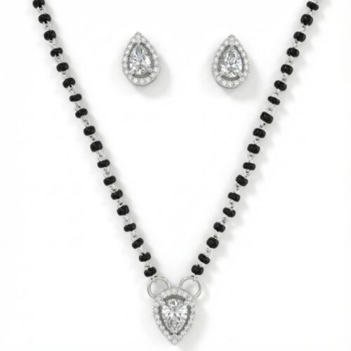 Silver tear drop mangalsutra set with solitaire pendant and earrings
