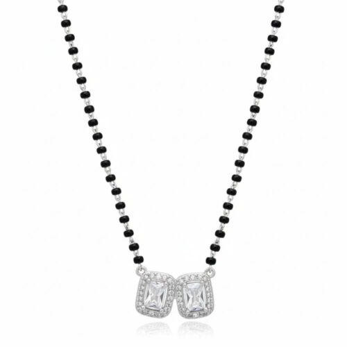 Twin emerald cut silver mangalsutra with halo CZ stones and handmade black beads
