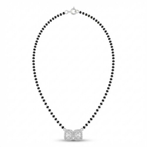 Twin emerald cut silver mangalsutra full view with handmade black beads chain