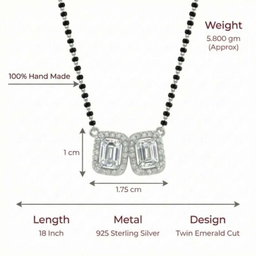Twin emerald cut silver mangalsutra size and dimensions with 925 sterling silver details