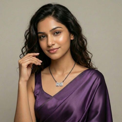 Twin emerald cut halo CZ silver mangalsutra worn by woman with handmade black beads