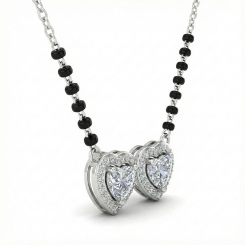 Close up view of Silver Twin Heart Mangalsutra pendant with sparkling CZ diamonds