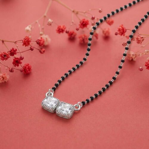 Twin square CZ silver mangalsutra for women with black beads chain
