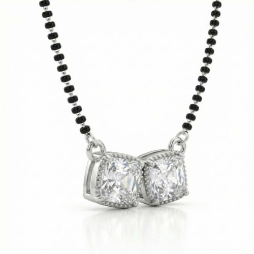 Close-up of twin square CZ stones in silver mangalsutra design