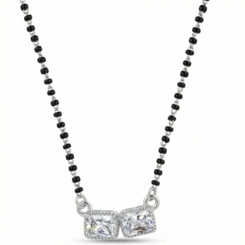 Twin square silver mangalsutra with CZ stones and handmade black beads chain