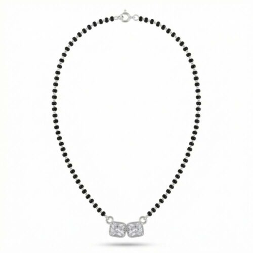Twin square CZ silver mangalsutra with handmade black beads full chain view