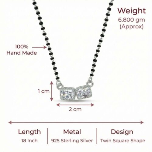 Twin square silver mangalsutra handmade black beads with size details