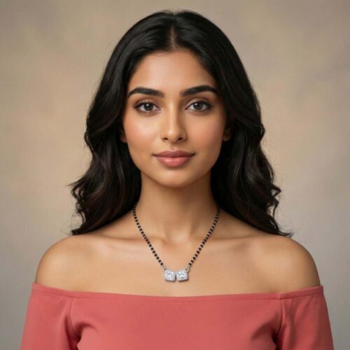 Silver mangalsutra for women with twin square CZ design worn by model