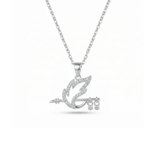 925 Silver Krishna Bansuri Pendant attached to a silver chain with CZ stones on white background