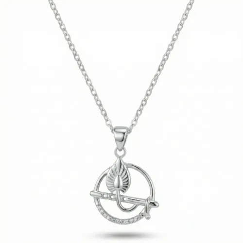 Front view of the circular Silver Krishna Murli Pendant attached to a delicate silver chain
