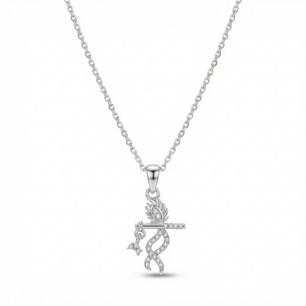 925 Silver Lord Krishna Bansuri Pendant Necklace Premium 925 Silver Lord Krishna Pendant Necklace featuring a CZ-studded swirly ribbon design and dangling drop on a white background.