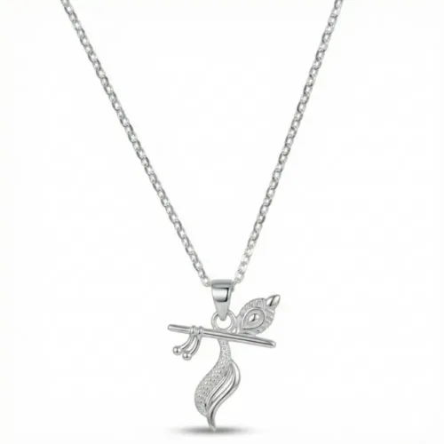 A detailed front view of the Classic 925 Silver Krishna Flute Pendant with chain, featuring a traditional textured finish without stones on a clean white background.