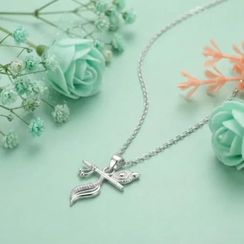 Elegant Classic 925 Silver Krishna Flute Pendant resting beautifully on a soft traditional fabric background, showcasing its pure silver shine.