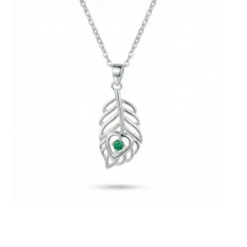 A clear front view of the 925 Silver Mor Pankh Pendant with chain, featuring a bright green stone resting perfectly inside a hidden heart cut-out design on a white background.