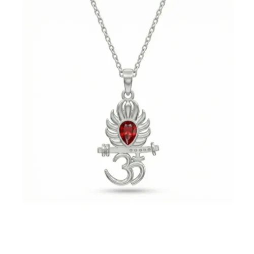 A clear front view of the 925 Silver Om Flute Pendant with chain, featuring a striking teardrop red stone and a divine aura design on a clean white background.