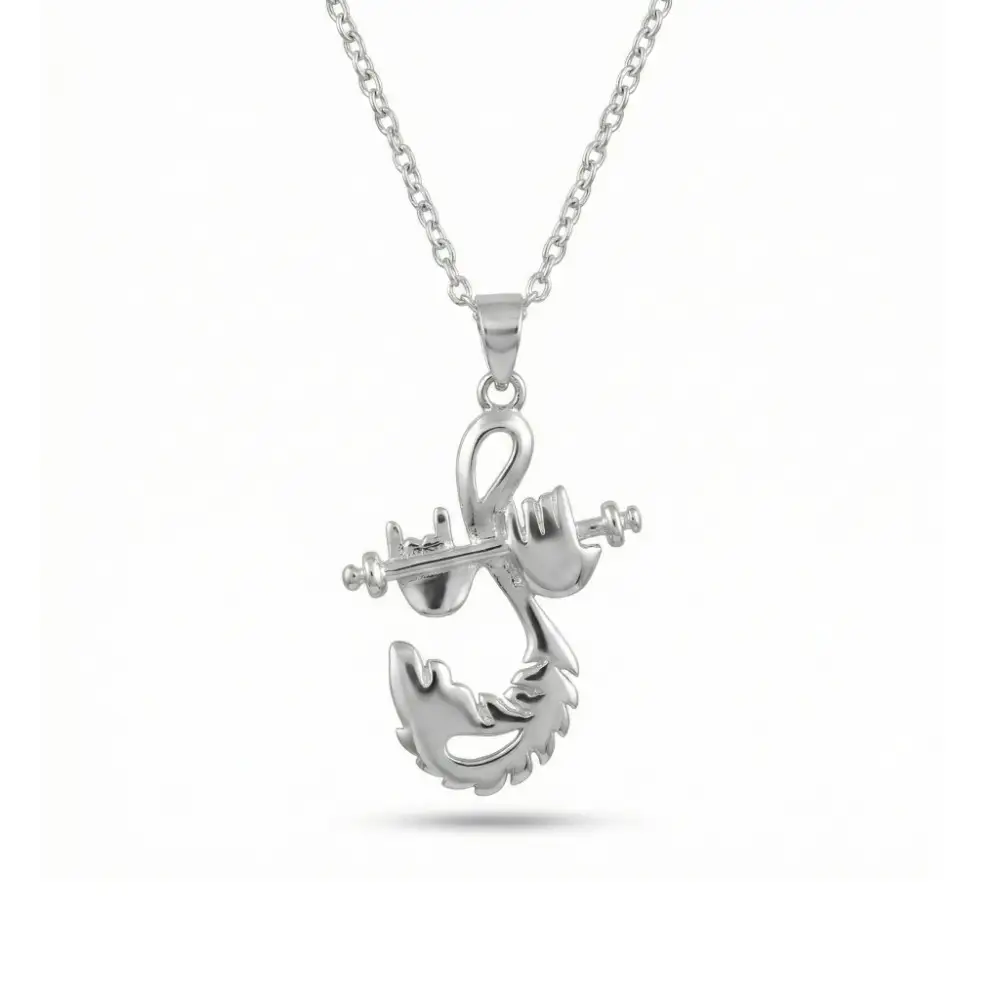 925 Silver Krishna Bansuri Pendant with Chain A clear front view of the 925 Silver Krishna Bansuri Pendant with chain, beautifully showcasing Lord Krishna's hands playing the flute and a feather motif on a clean white background.