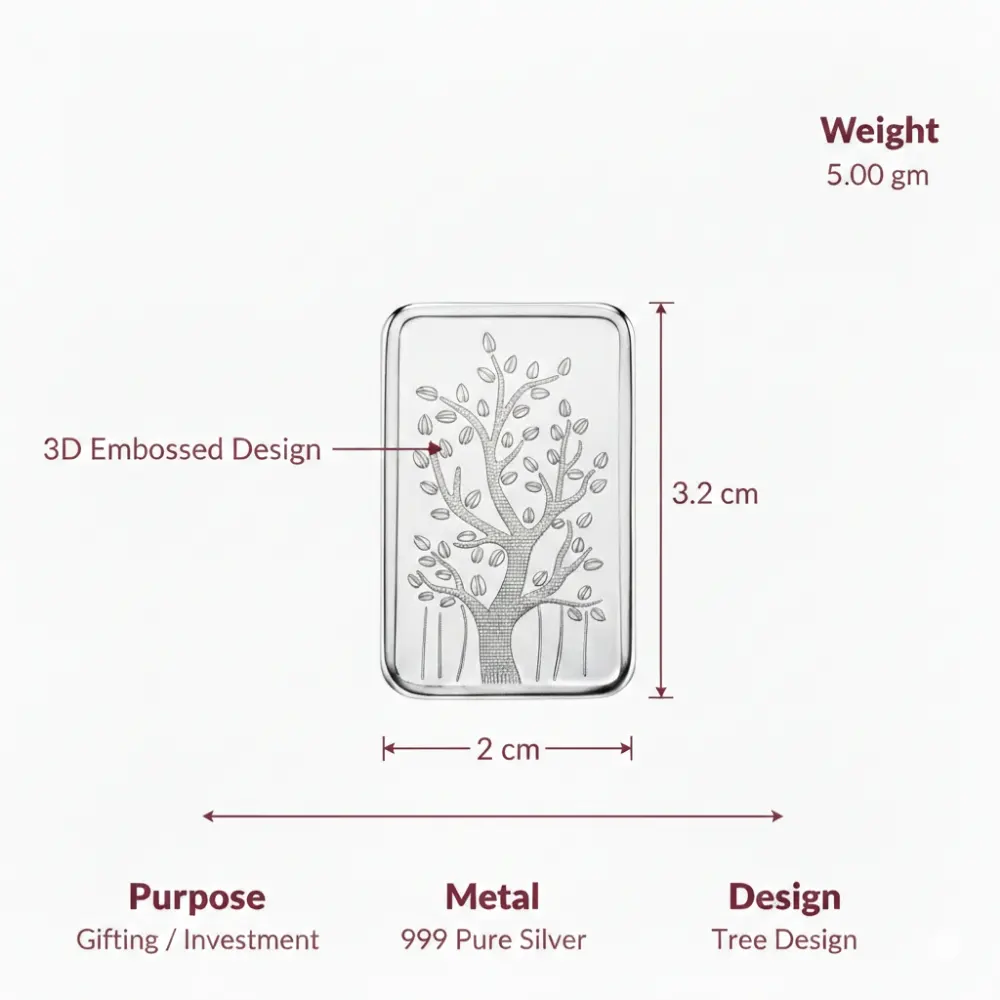 LG0039 999 silver bar 5gm close up with tree embossed design, 999 pure silver bars for gifting and long term use