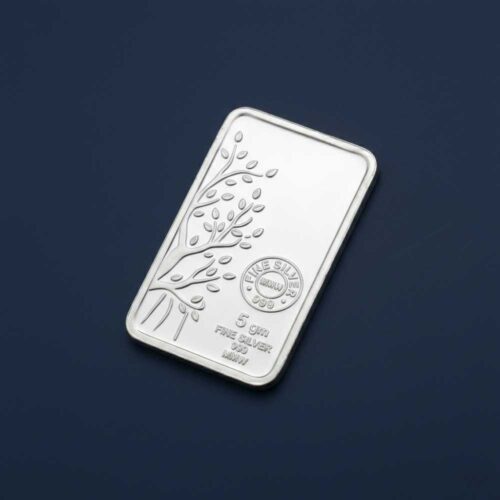 5gm Silver Bar made of 999 purity silver with elegant tree design, suitable for gifting and tracking 5gm silver price