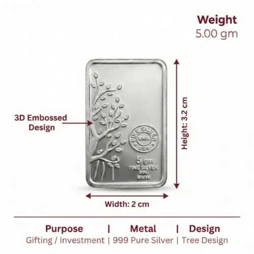 5gm Silver Bar 999 purity showing weight and dimensions, embossed tree design ideal for gifting and silver price buyers