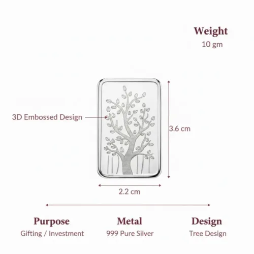 999 Silver Bar 10gm showing weight and dimensions, 3D embossed tree design on pure silver bars for gifting