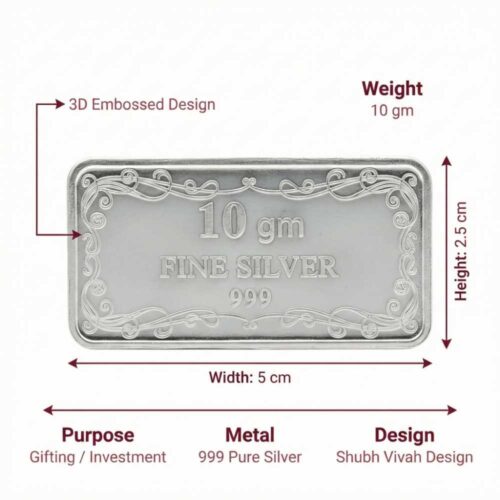 Shubh Vivah silver bar 10 gram size and dimension reference image made from 999 pure silver