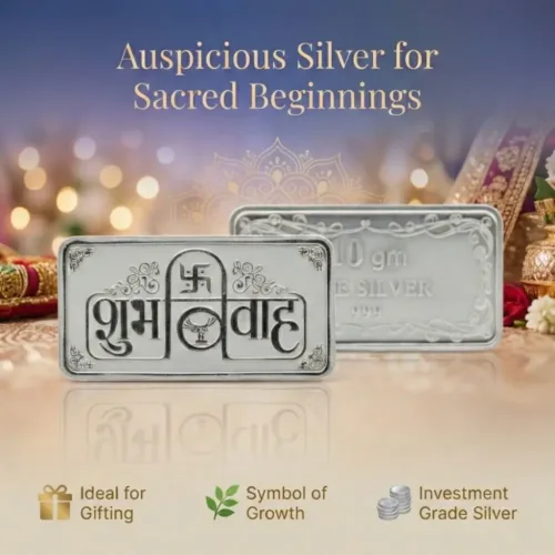 Shubh Vivah silver bar 10 gram displayed as an auspicious wedding gift, symbol of growth and prosperity