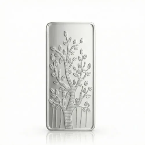 100 gram silver bar 999 pure silver with tree design front view