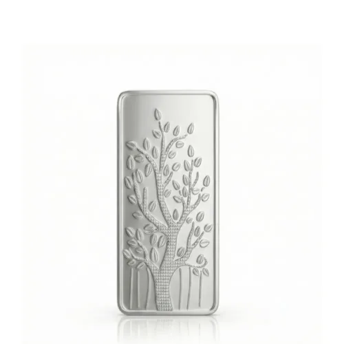 50 gram silver bar 999 pure silver with tree design, premium investment silver bar showing fine detailing