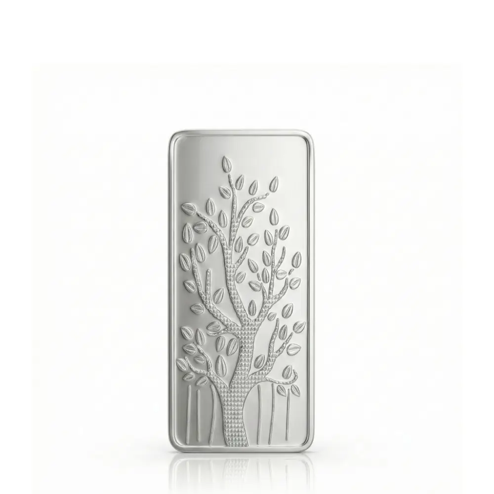 LG0069 50 gram silver bar 999 pure silver with tree design, premium investment silver bar showing fine detailing