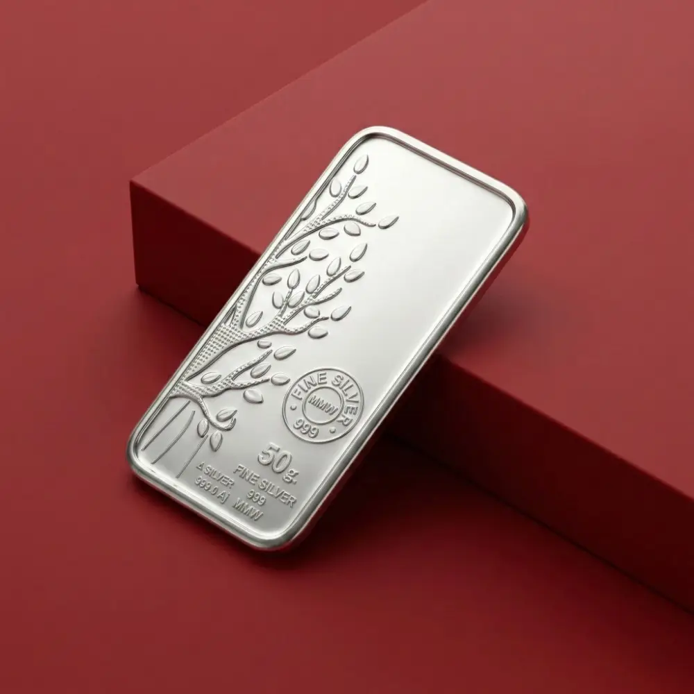 LG0070 50 gram silver bar price based 999 purity silver bar displayed at angle, ideal for gifting and investment