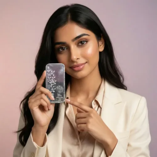 50 gram silver bar held by model, authentic 999 pure silver bar for secure silver investment