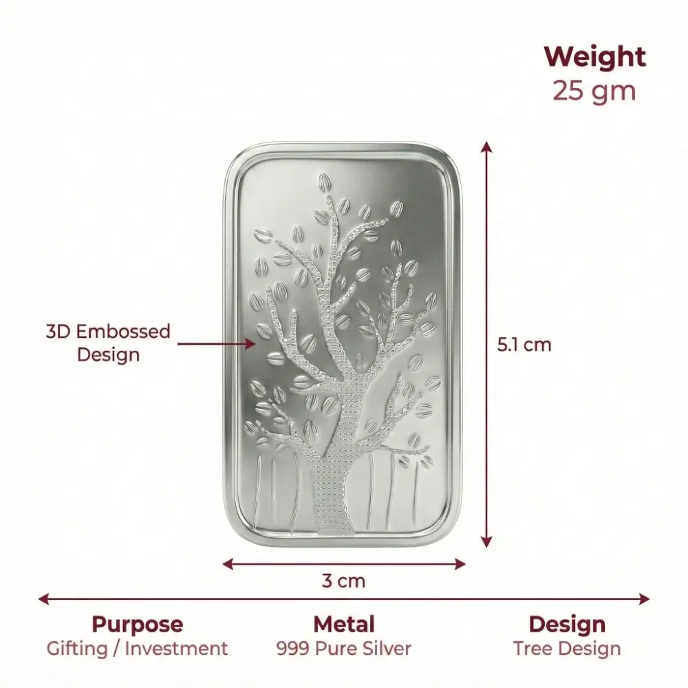 25 Gram Silver Bar Specifications – 999 Pure Silver 25 gram silver bar dimensions and weight details in 999 pure silver with tree design