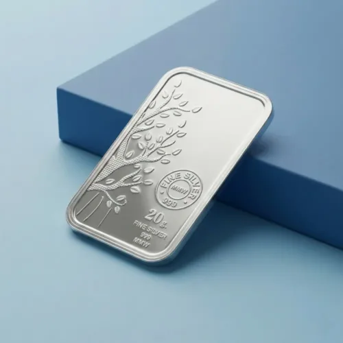 20 gram silver bar 999 pure silver showing fine finish and embossed tree pattern