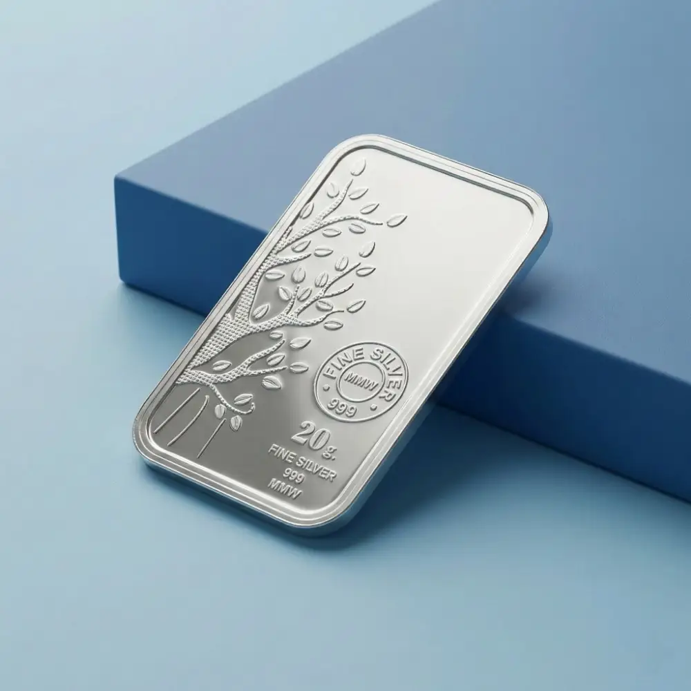 20 Gram Silver Bar β 999 Pure Silver Investment Bar 20 gram silver bar 999 pure silver showing fine finish and embossed tree pattern
